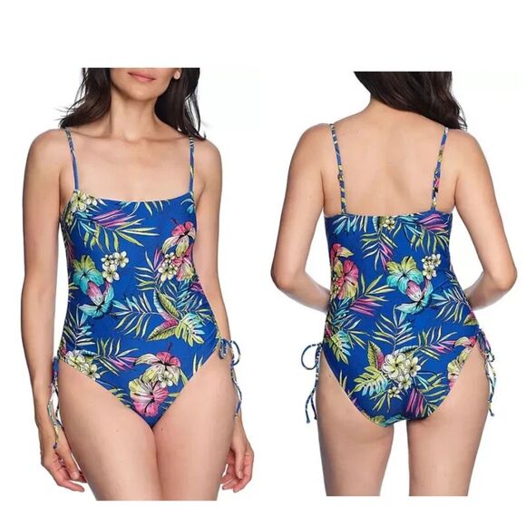 NWT LOFT Swim Women's Shirred Side Tie OnePiece Swimsuit Blue Tropical Print 2XL - Picture 1 of 10